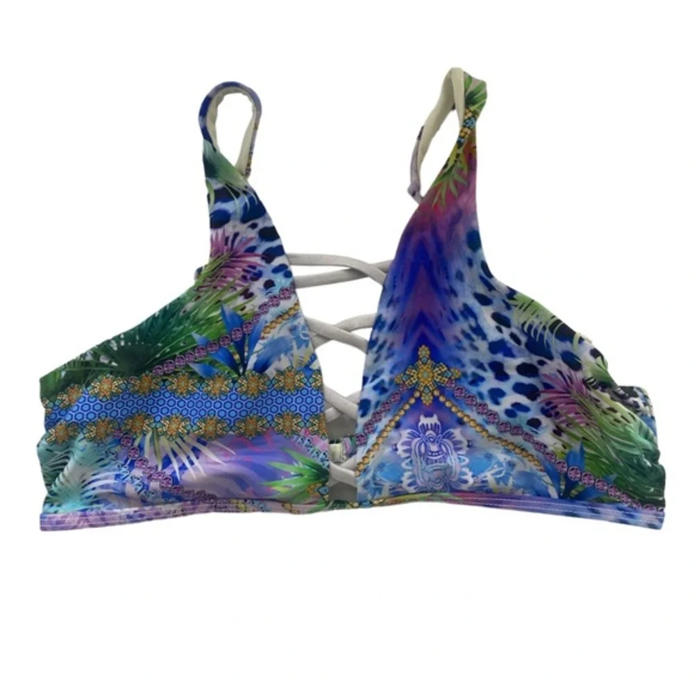 TiniBikini Swim Top colorful blue and purple print size Large unpadded bikini